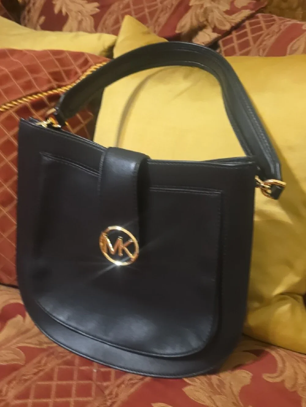 Michael Kors Black Leather Shoulder Bag with Gold MK Emblem